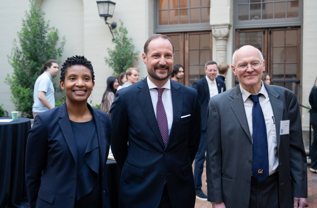 Akasemi Newsome, IES Associate Director and Executive Director, Peder Sather Center for Advanced Study; Crown Prince Haakon of Norway; Trond Petersen, Faculty Director, Peder Sather Center for Advanced Study